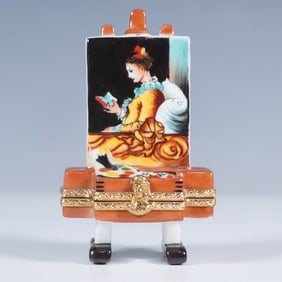 Limoges France Treasures Box, Artwork on Easel with Inside Yellow Paint