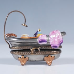 Limoges Porcelain Treasure Box, Bathtub Scene