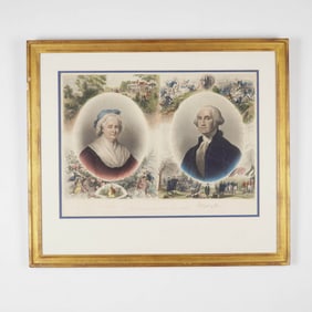 Antique Hand-Tinted Engraving, George Washington and His Wife