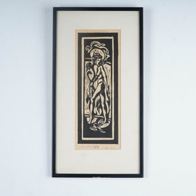 Modernist Woodcut on Paper, Nude Figure, Signed