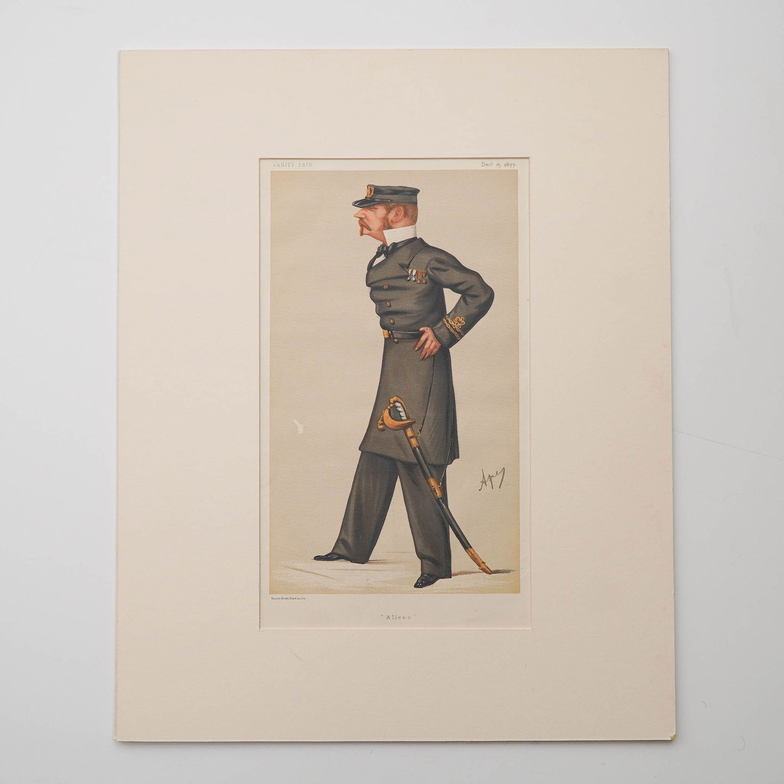 Vanity Fair, Original Chromolithograph on Paper, Alleno: Original Vanity Fair chromolithograph dated December 15, 1877, titled Alleno. This caricature by artist Ape (Carlo Pellegrini) features a naval officer, depicted in formal military dress with sword an