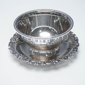 Wallace Sterling Silver Gravy Bowl with Attached Underplate, Grande Baroque