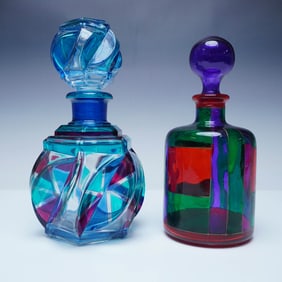 Set of 2 Italian Art Glass Decanters Torrigiano & Hand-Painted Bicchielli