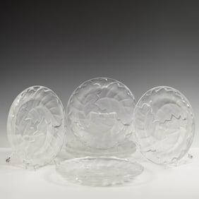 6pc Lalique Crystal Plates, Chene Oak Leaf