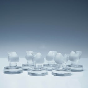 6pc Lalique France Frosted Crystal Sparrow Knife Rests