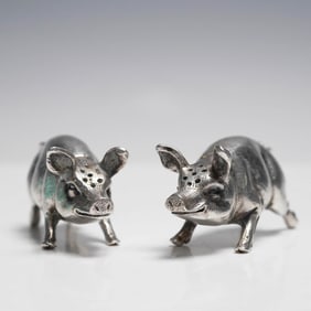2pc 800 Silver Figural Pig Salt and Pepper Shakers