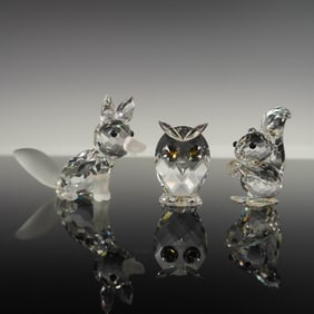 3pc Swarovski Crystal Figurines, Fox, Owl, and Squirrel