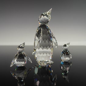 3pc Swarovski Crystal Figurines, Large and Mini Penguins