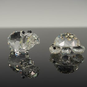 2pc Swarovski Crystal Figurines, Hippo and Tortoise