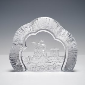 Nybro Swedish Art Glass Sculpture, Viking Ships by Paul Isling