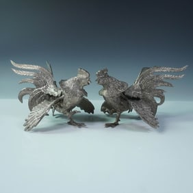 Pair of Birks Silverplate Figurines, Fighting Roosters