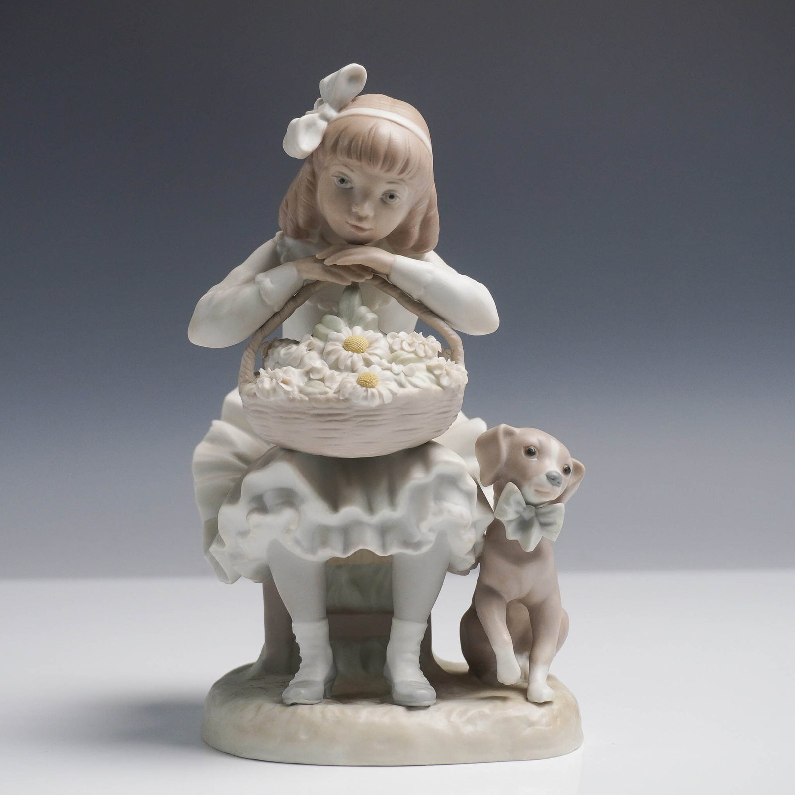Girl with Flowers 1088 - Lladro Porcelain Figurine: Graceful Lladro porcelain figurine No. 1088, titled Girl with Flowers, featuring a young girl seated with a flower-filled basket on her lap, accompanied by a puppy at her side. Rendered in soft pastel