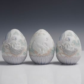 3pc Lladro Porcelain Egg Figurines with Original Boxes