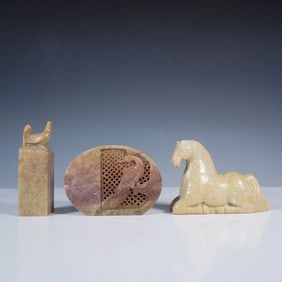 3pc Carved Stone Animal and Seal Figures, Asian-Inspired