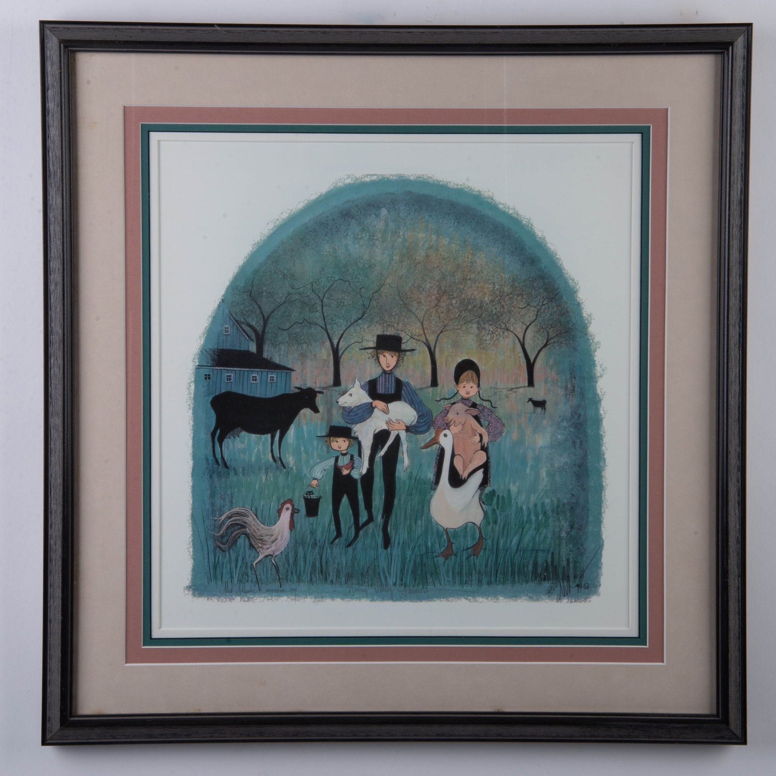 Patricia Buckley Moss, Color Print on Paper, Signed: Signed limited edition print on paper by American Artist Patricia Buckley Moss. Rural scenery depicting an Amish farming family with a joyful demeanor. Titled Young Valley Farmers. Artist signature an