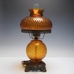 Vintage Amber Hobnail Glass Electric Hurricane Lamp