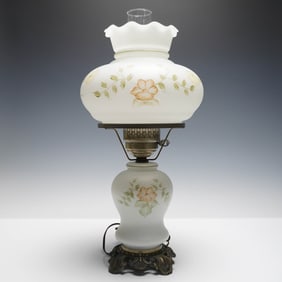 Vintage Electric Hurricane Lamp with Hand Painted Floral Glass Shade