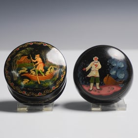 2pc Russian Hand Painted Lacquer Trinket Boxes