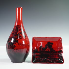 2pc Royal Doulton Flambe Woodcut Set, Vase and Dish