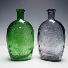 2pc Glass Bottles with Historical Motifs, Green and Gray