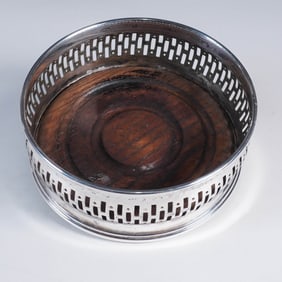 Silverplate and Wood Wine Bottle Coaster with Pierced Gallery
