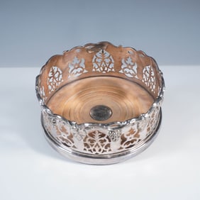 Silverplate and Wood Wine Bottle Coaster with Pierced Grape and Vine Motif