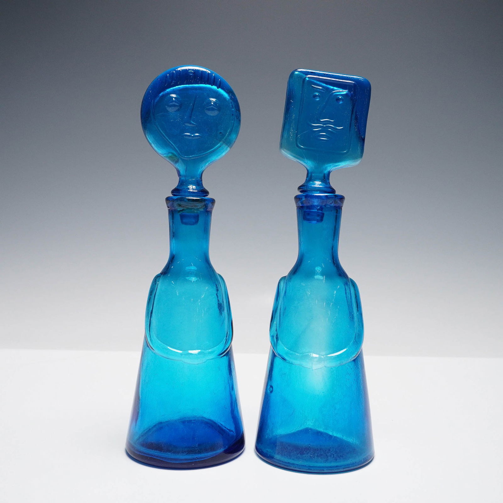 2pc Blue Glass Decanter Set with Figural Stoppers (1 of 4)