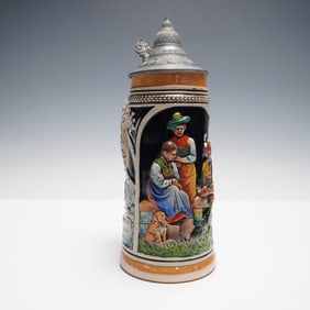 German Beer Stein, Hand-Painted with Pewter Lid