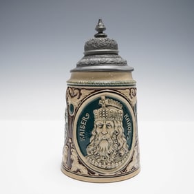 German Pottery Beer Stein with Pewter Lid Featuring Alexander the Great