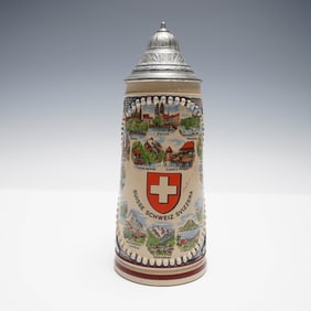 Original King Swiss Landmark Ceramic Stein with Pewter Lid