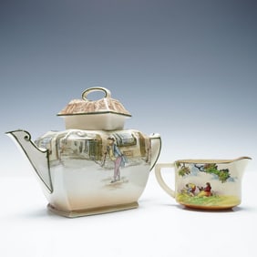 2pc Royal Doulton Teapot and Creamer Set Old English Scenes