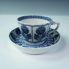 Blue and White Transferware Cup and Saucer with Floral Motif