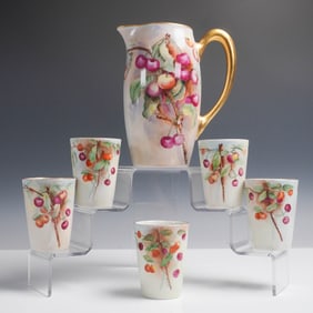 6pc Limoges France Cherry Motif Pitcher and Cup Set