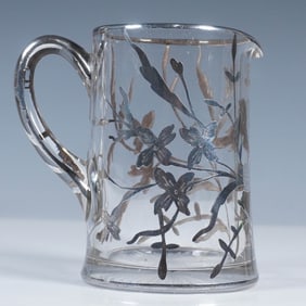 American Silver Overlay Glass Creamer with Bird and Floral Design
