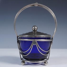 Cobalt Glass Lidded Mustard Pot with Silver Mounts