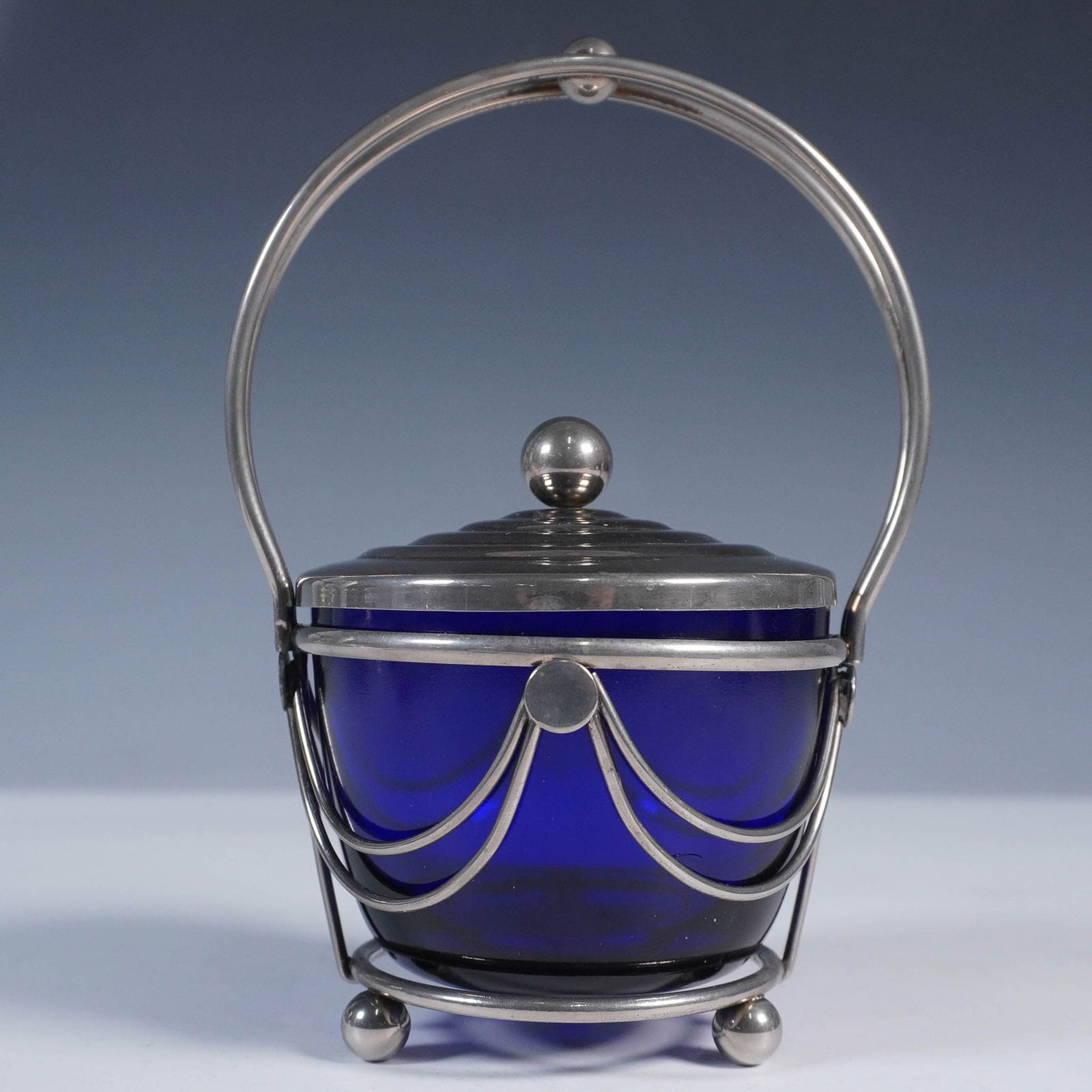 Cobalt Glass Lidded Mustard Pot with Silver Mounts (1 of 3)