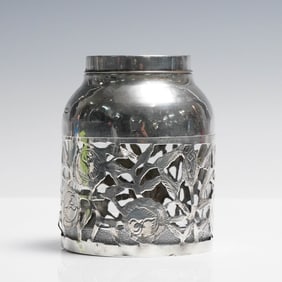 Mexican S.N.R. Sterling Silver Overlay Floral Glass Jar