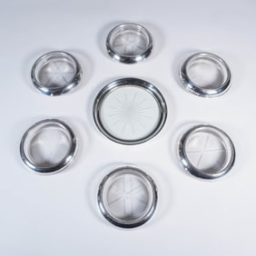 7pc Frank M. Whiting and Webster Co., Silver and Glass Coasters and Plate