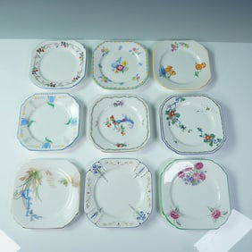 12pc Shelley Bone China Square Dessert Plates, Floral Designs