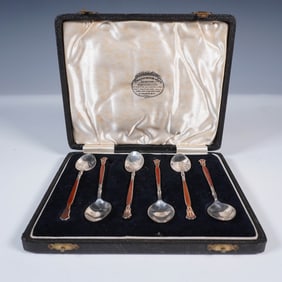 Collingwood & Son Art Deco Silver and Enamel Demitasse Spoon Set in Fitted