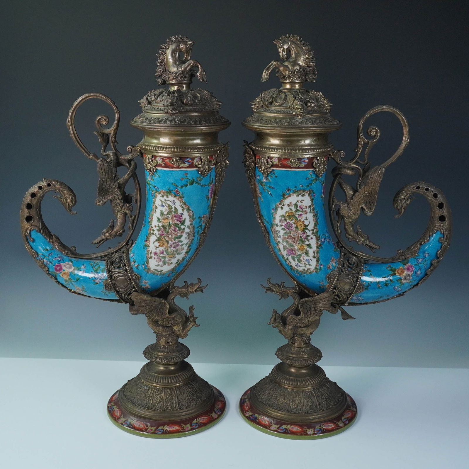 Pair of Wong Lee Porcelain and Ornate Metal Mounted Drinking Horns (1 of 9)