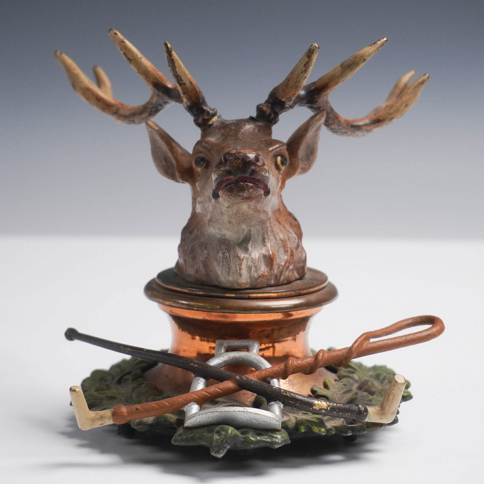 Figural Stag Head Mechanical Inkwell with Hunting Motif (1 of 4)