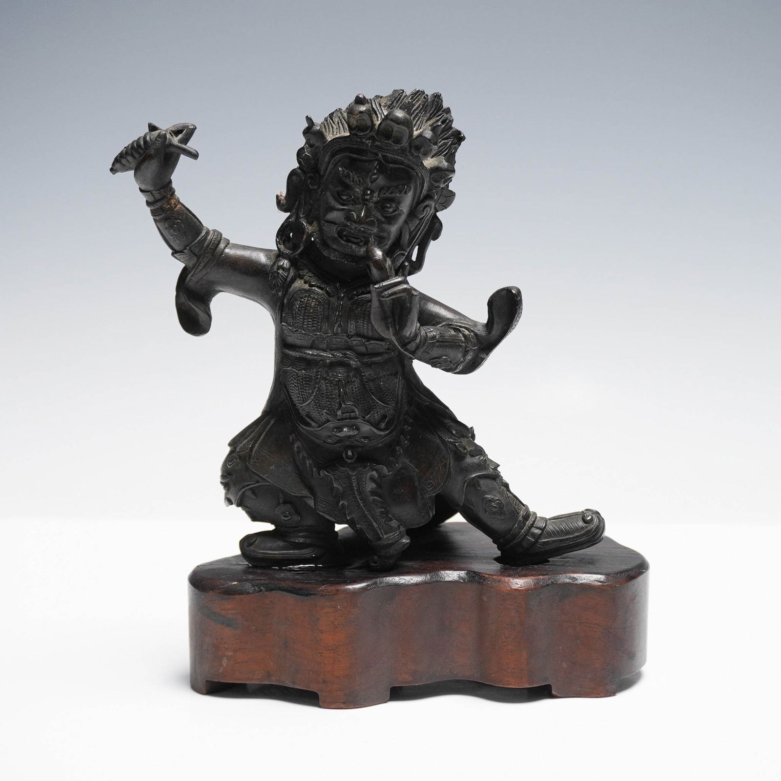 Tibetan-Style Bronze Guardian Figure on Wood Base (1 of 4)