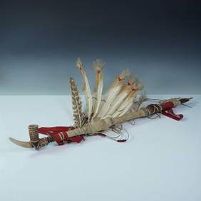 Native American Style Ceremonial Pipe, Feather and Bead Adornments (1 of 6)