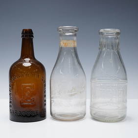 3pc Vintage Embossed Glass Bottles, Saratoga NY and Dairy Brands (1 of 4)