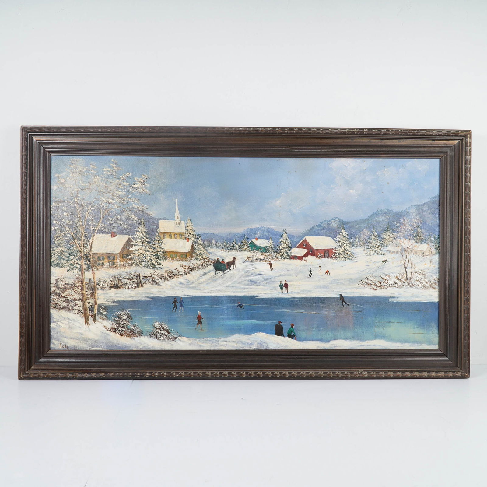 Alice Noel, Oil on Canvas, Winter Village Ice Skating Scene, Signed (1 of 6)