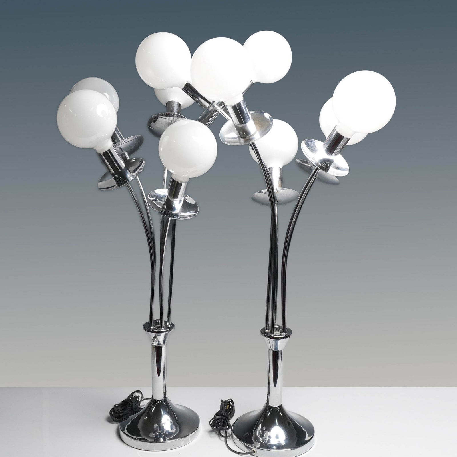 3pc Pair of Mid-Century Modern Chrome Table Lamps with Globe Lights (1 of 5)