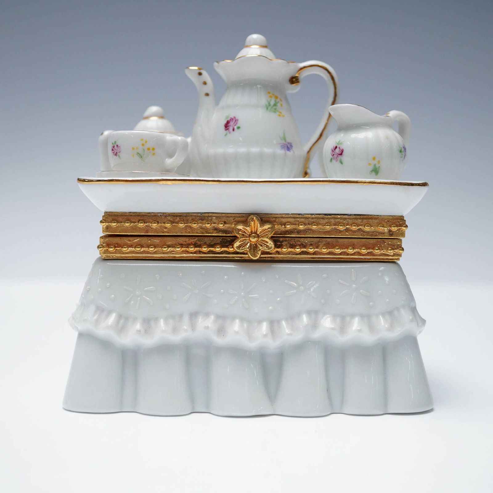 Limoges France Treasure Box, Tea Set on Skirted Table (1 of 7)
