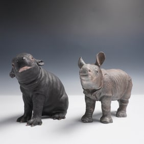 2pc Lenox Porcelain Baby Animal Figurines, Hippo and Rhino