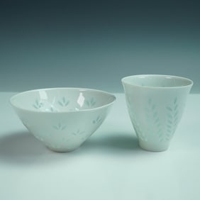 2pc Arabia Finland Rice Porcelain Bowl and Cup by Friedl Holzer-Kjellberg